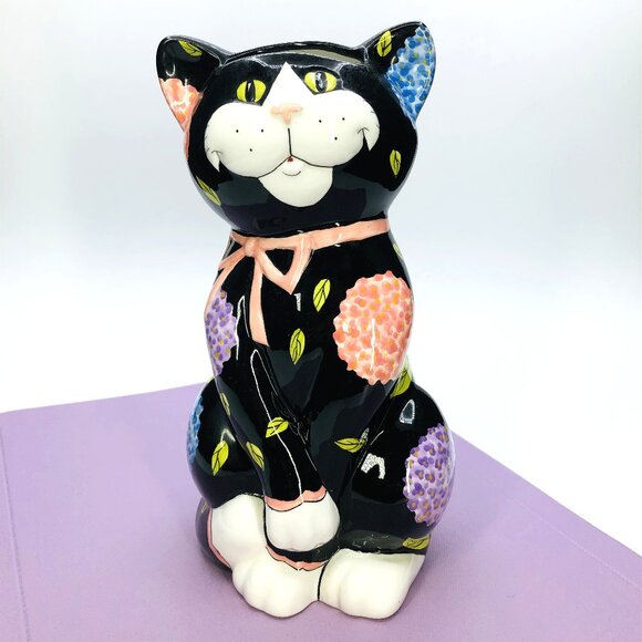 Vintage 90s Bella Casa GANZ Black Cat Head Vase: Whimsical Floral - Pink Bow - Picture 1 of 12